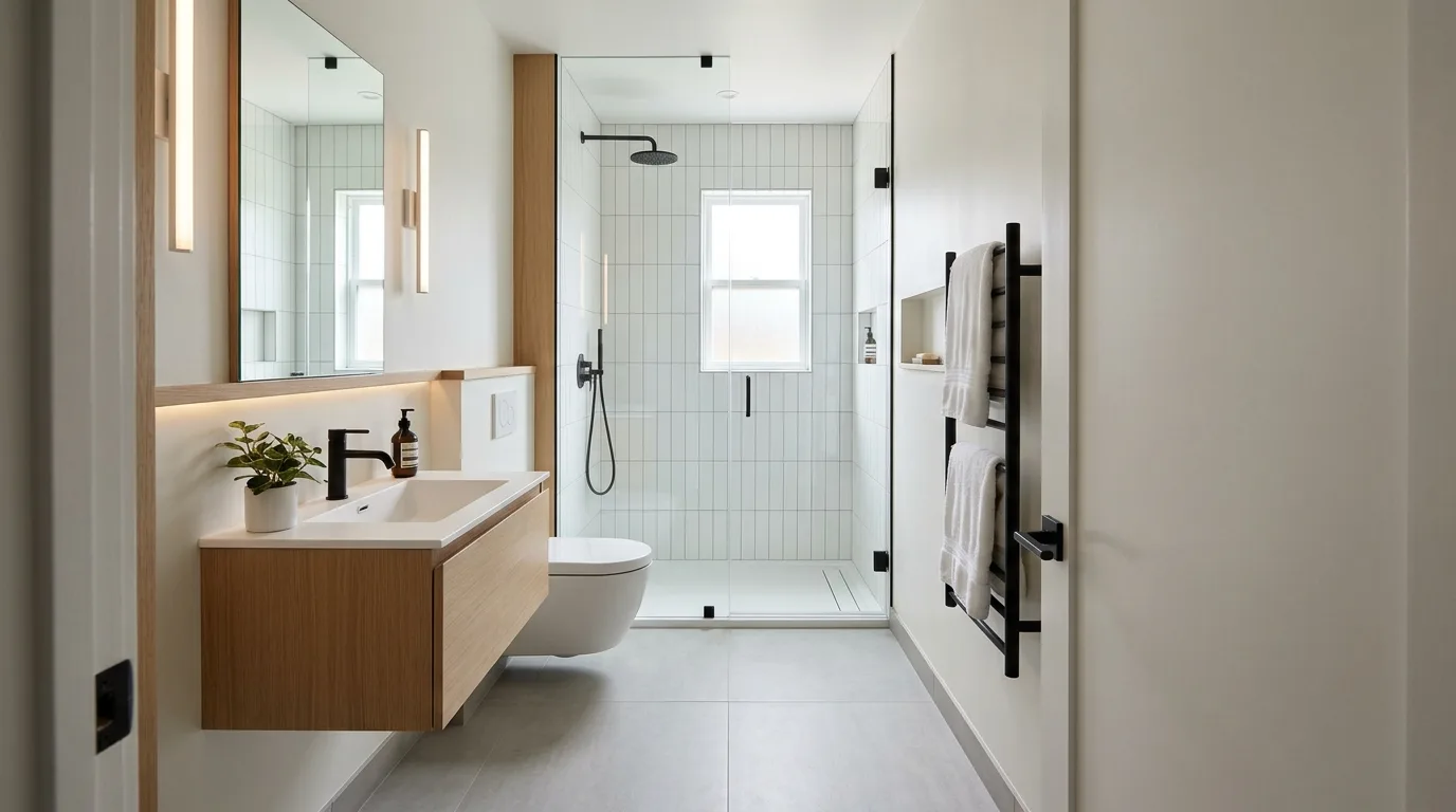 Use lighting to brighten shadow-heavy corners inspiration for a small bathroom.